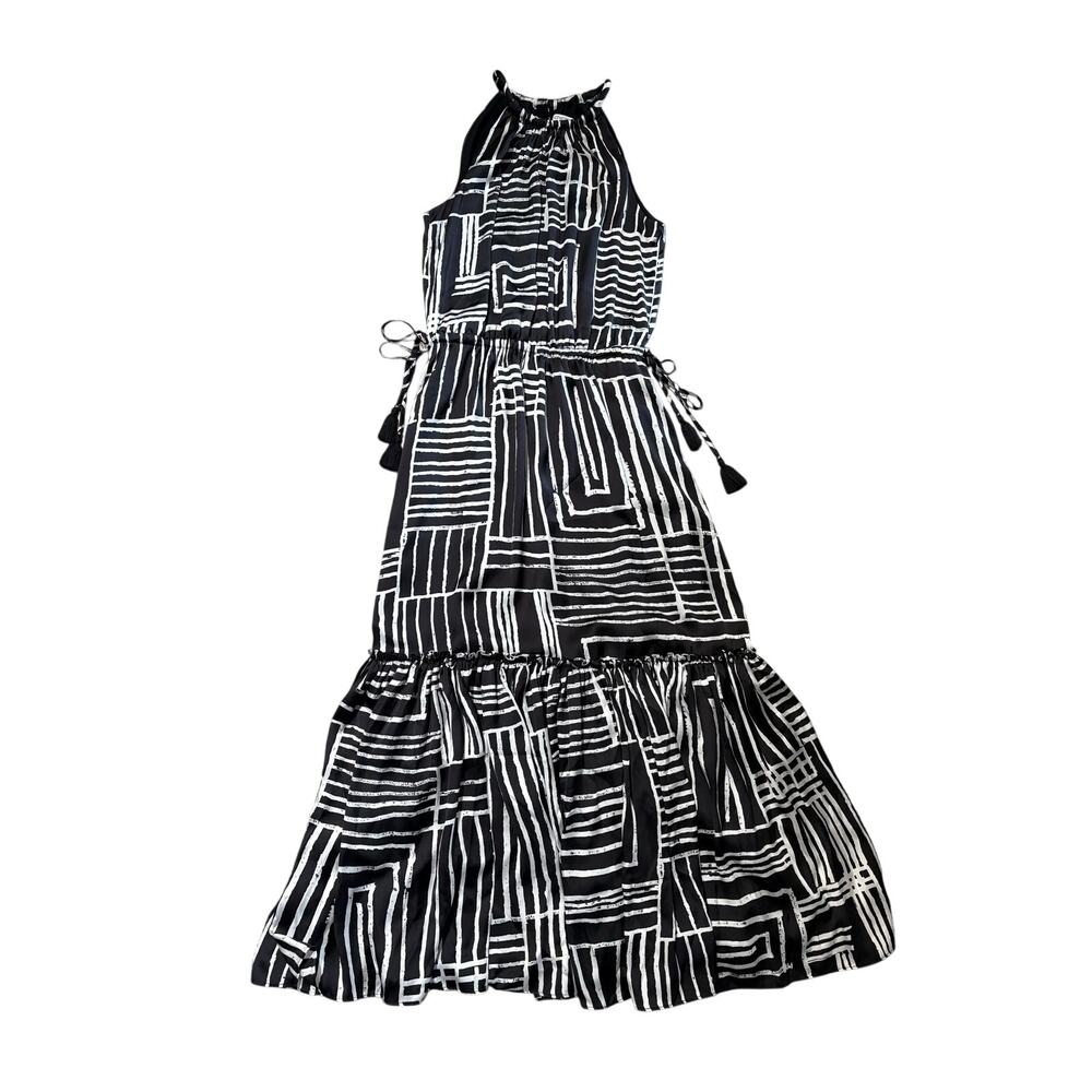 Chico's Size 4 Black and White Satin Geometric Maxi Dress - Picture 2 of 9